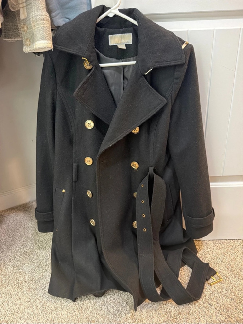 Michael Kors Black Double-Breasted Wool Peacoat with Gold Buttons